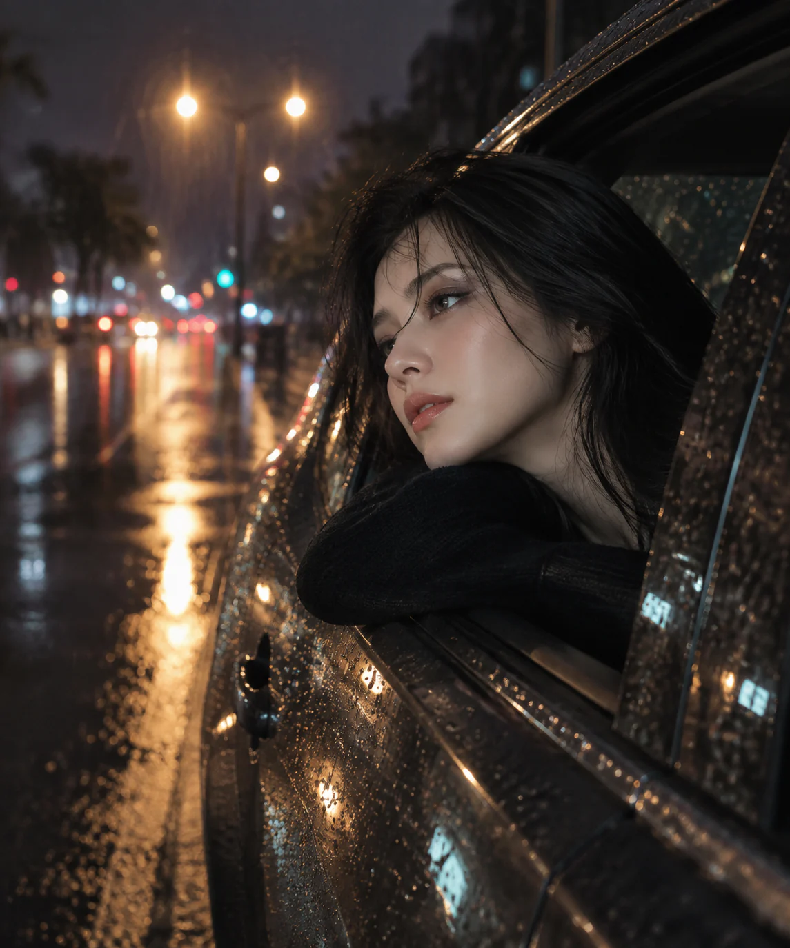 مثال من GPT Image 2.5: بورتريه ليلة ممطرة